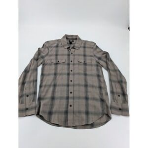 Paige Button Down Shirt Mens Small Tan Blue Everett Oak Sky Plaid Cotton Viscose